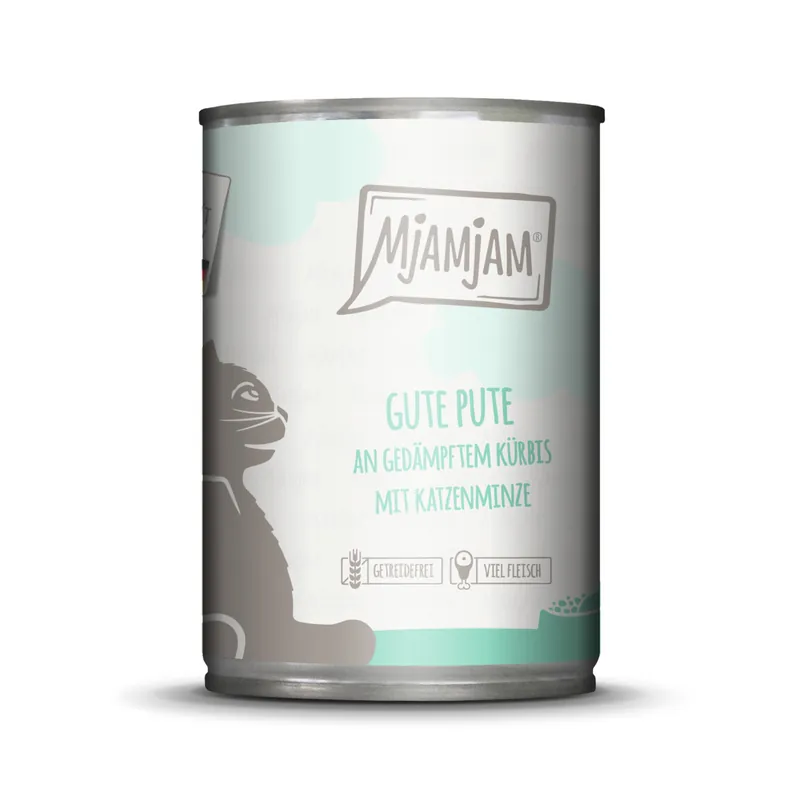 Preiswert Sparpaket 24 x 400 g Mjamjam Gute Pute an gedämpftem Kürbis mit Katzenminze Katzen Nassfutter